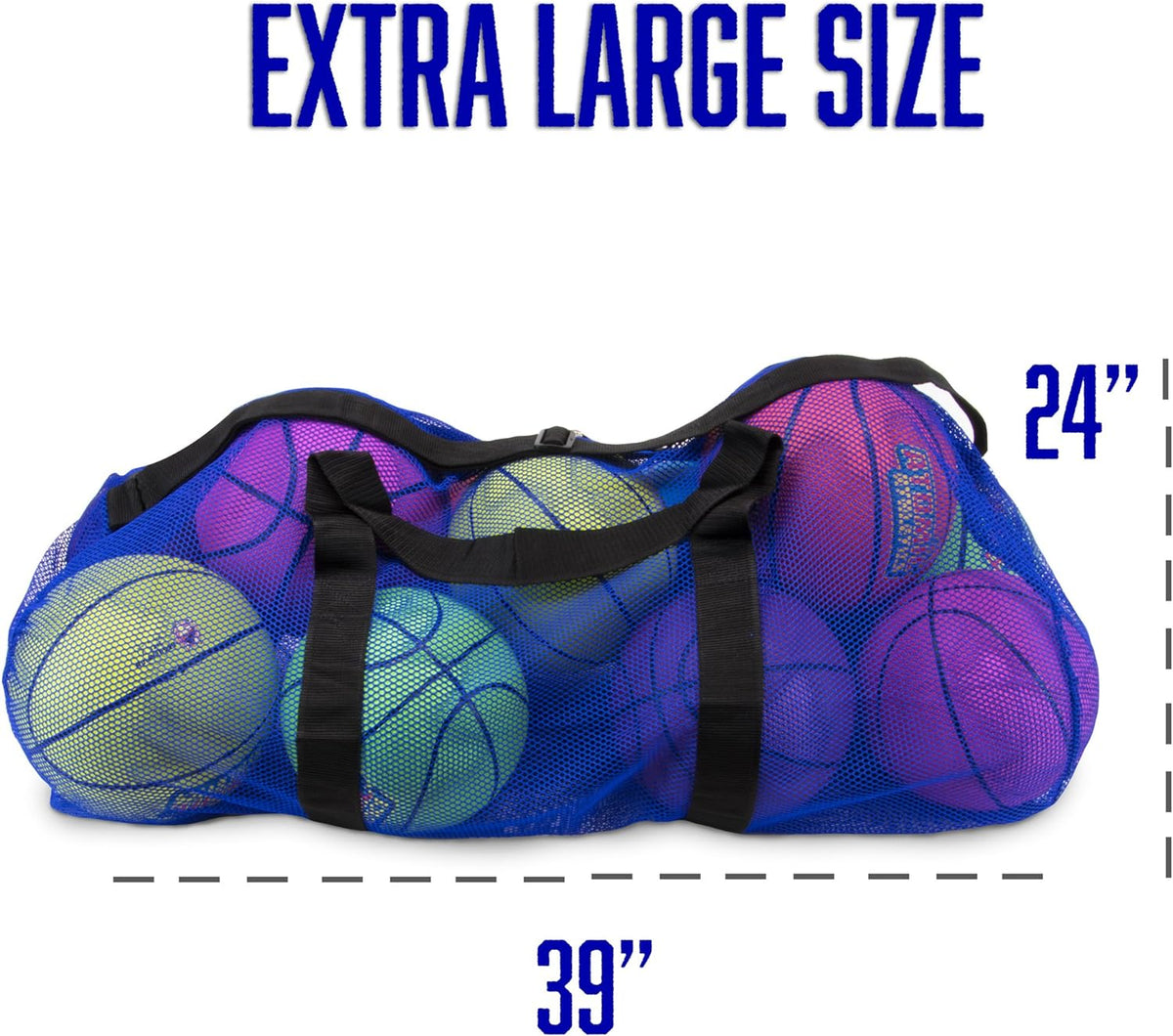 39" Mesh Sports Ball Bag with Adjustable Shoulder Strap, Oversize Duffle - Great for Carrying Gym Equipment, Jerseys, & Laundry (Blue)