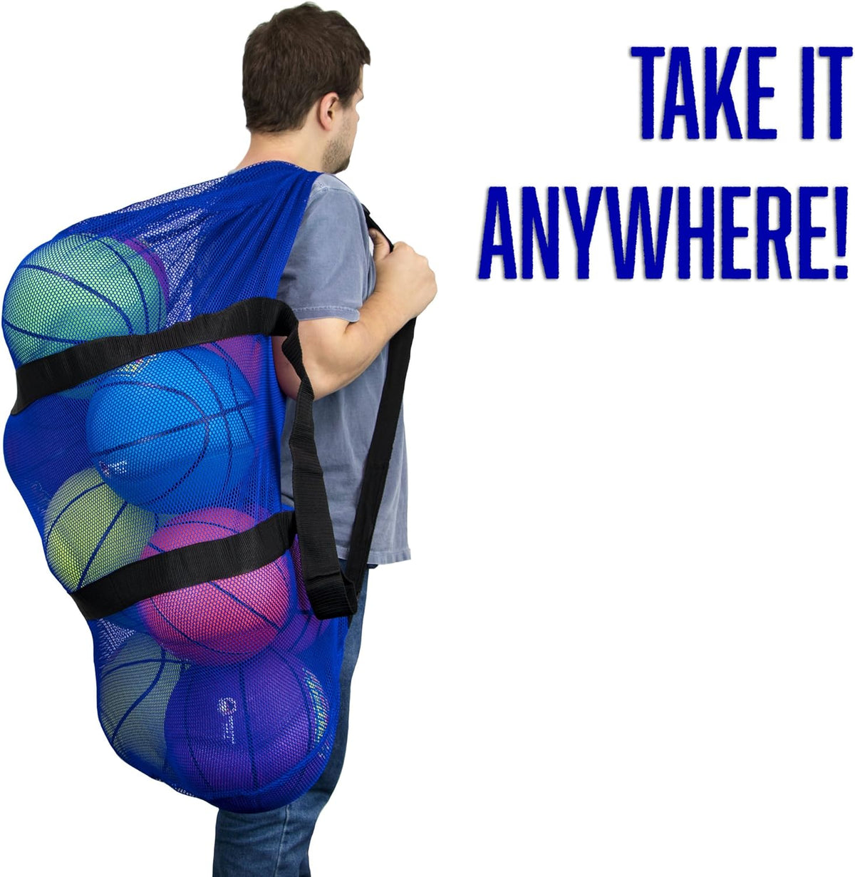 39" Mesh Sports Ball Bag with Adjustable Shoulder Strap, Oversize Duffle - Great for Carrying Gym Equipment, Jerseys, & Laundry (Blue)