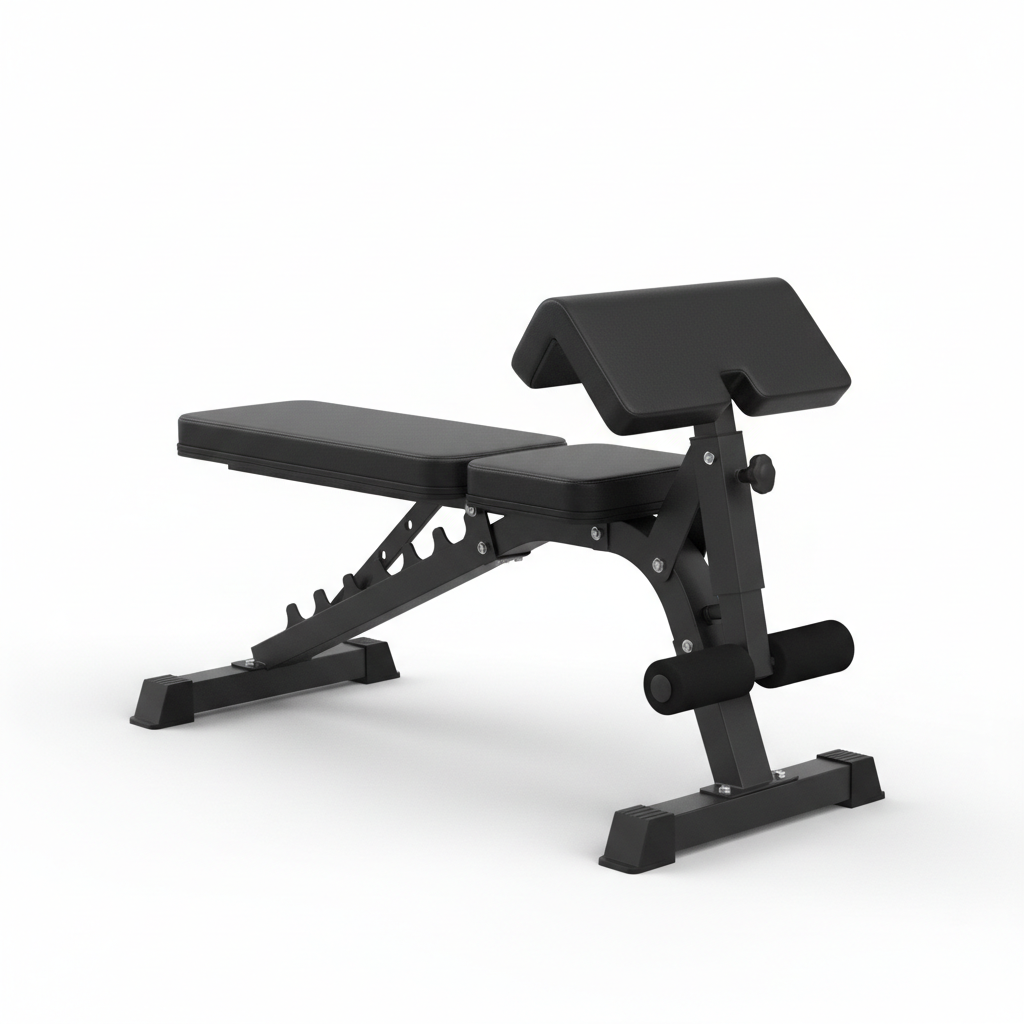 Black adjustable FID weight bench with Roman chair attachment