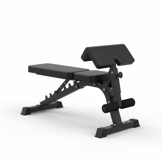 Black adjustable FID weight bench with Roman chair attachment