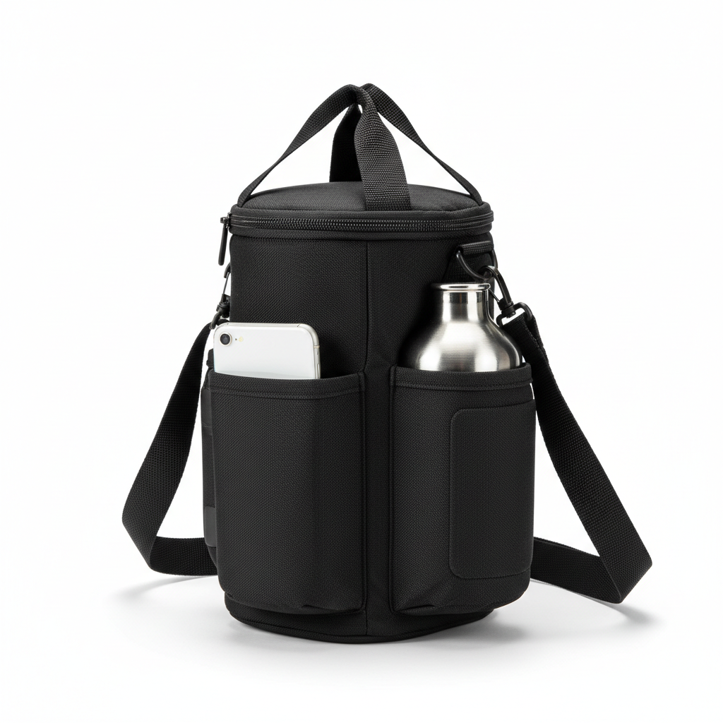 Black magnetic gym water bottle carrier with phone pocket and shoulder strap